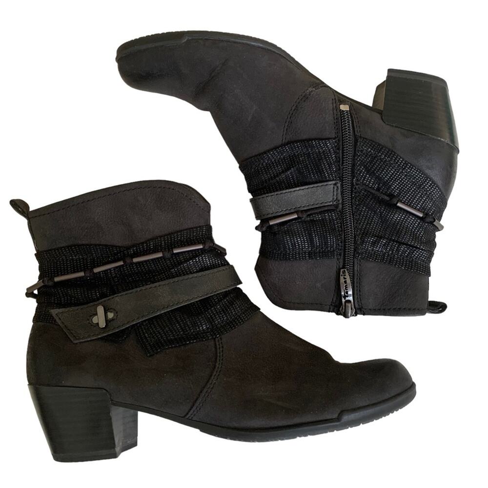 Tamaris Black Leather Buckle Accent Side Zip Ankle Boots Size 7.5